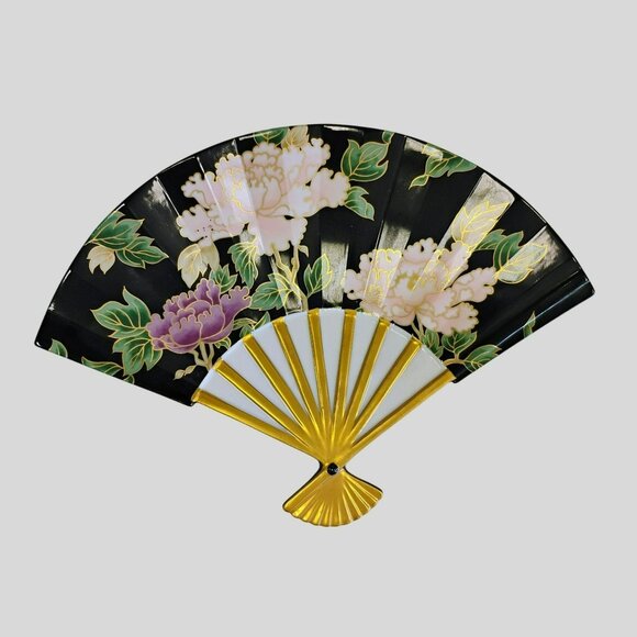 Fitz & Floyd Cloisonne Peony Black Porcelain Plate Fan Shaped Japan Ceramic Gold - Picture 1 of 9